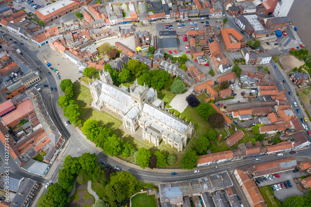 Aerial photo of the historical Selby Abbey in the town of Selby in York