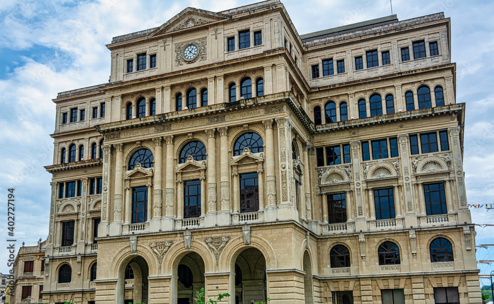 The facade of the 'Lonja de Comercio de la Habana' (former Stock Exchange) in Old Havana, Cuba. 