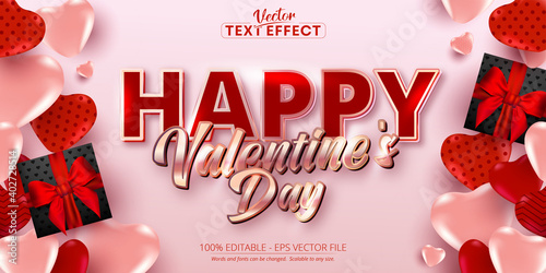 Happy valentine's day text, shiny rose gold color style editable text effect on soft pink background