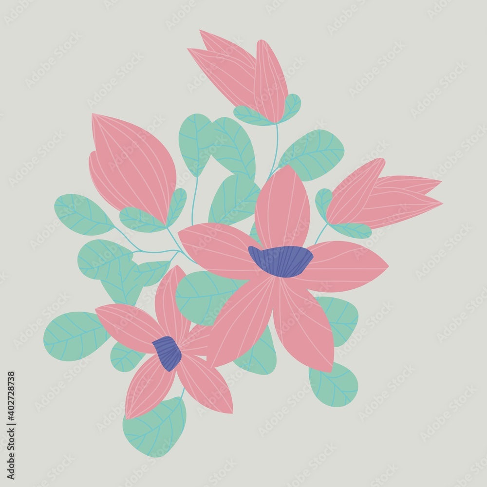 Fototapeta premium Vector illustration of flowers in delicate pastel shades. Illustration for printing banners, postcards and prints in the textile industry.