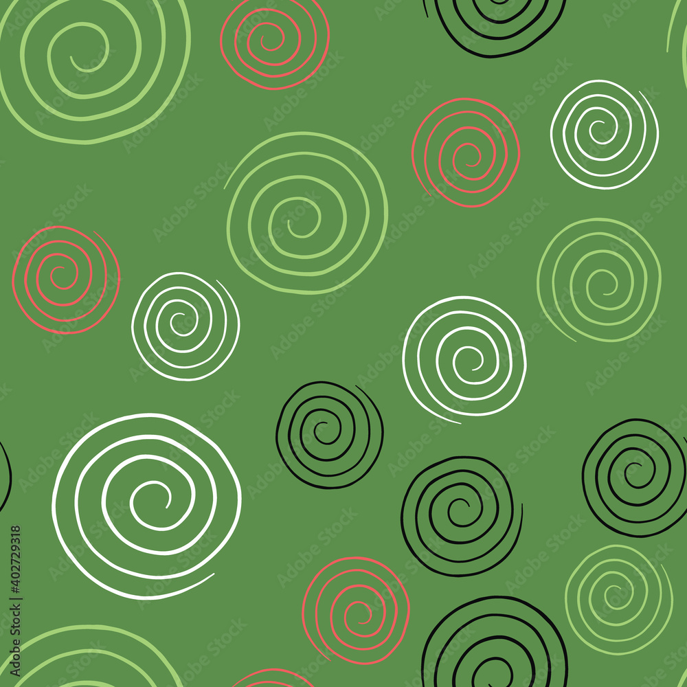 Vector seamless texture background pattern. Hand drawn, green, white, red, black coılors.