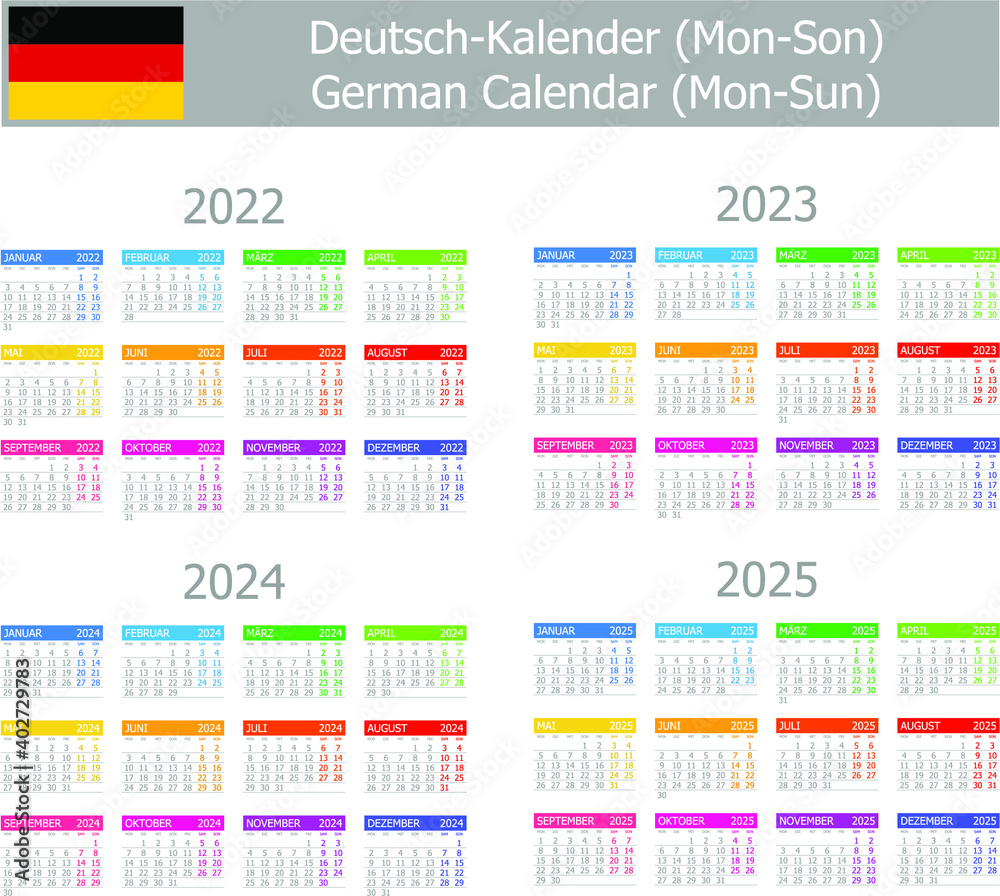 2022-2025 German Type-1 Calendar Mon-Sun on white background