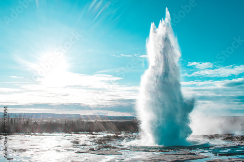 Geyser eruption in Iceland, sunny day, no people