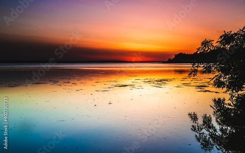 beautiful sunset on the sea, tree on the shore, horizon