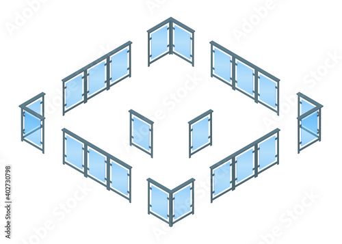 Isometric vector illustration metal and glass fence isolated on white background. Modern metal and glass railing vector icon in flat cartoon style.