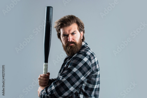 he is professional. bandit gang and conflict. sport. street hooligan with bat. man reliving stress. emotion control concept. brutal bearded man using baseball bat for fighting. man swung the bat