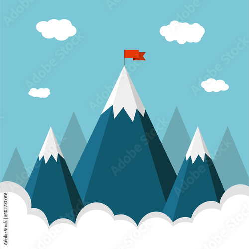Landscape with flag on the mountain. Vector illustration.