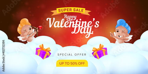 Happy Valentine's day special offer landing page template or super sale promotion banner. Vector illustration of smiling and aiming little cupids with bow and heart shaped arrow on cloudy background