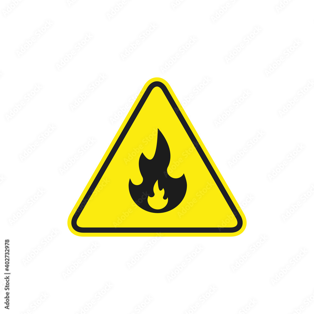 Fire warning sign in yellow triangle. Flammable, inflammable substances icon. Vector isolated sign Fire warning sign in yellow triangle. Flammable, inflammable substances icon. Vector isolated sign