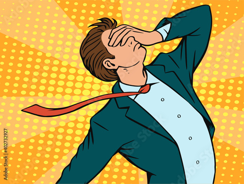 The young man is in great despair. He clutched his head in grief. Vector comic isolated pop art illustration.
