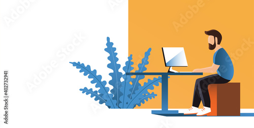 Young modern man work in the office at the computer. Place for text. Vector flat illustration banner.