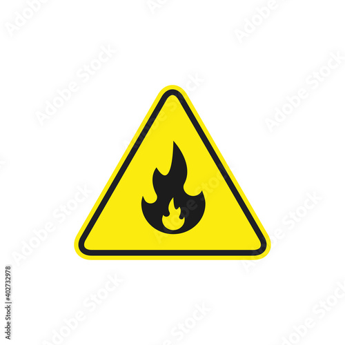 Fire warning sign in yellow triangle. Flammable, inflammable substances icon. Vector isolated sign