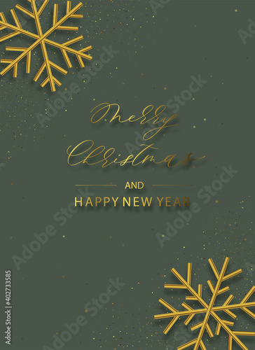 Christmas background with gold 3D snowflakes on green background. photo