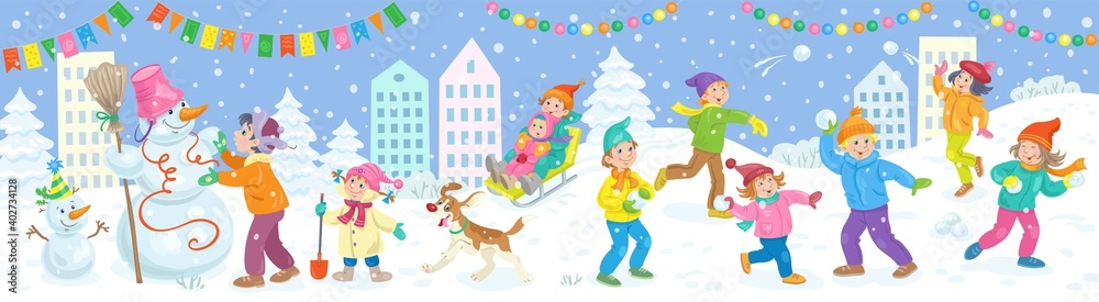 Winter holidays. Happy children playing snowballs, sledding, making a snowman in a winter decorated city. Banner in cartoon style. On a  blue background. Vector flat illustration