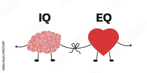 Emotional Quotient and Intelligence. Heart and Brain concept. Conflict between emotions and rational thinking. Balance between soul and intellect. Vector illustration.