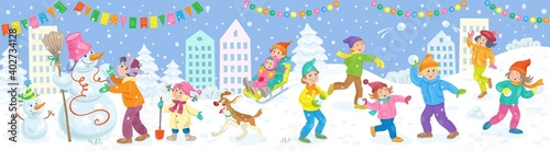 Winter holidays. Happy children playing snowballs, sledding, making a snowman in a winter decorated city. Banner in cartoon style. On a  blue background. Vector flat illustration