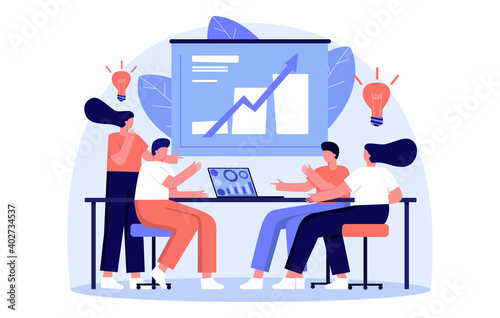 Vector illustration. Office staff work. Increase sales and skills. Team thinking and brainstorming. Analytics of the company's work. Stock graphics.