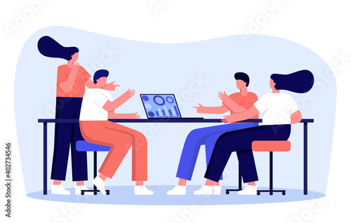 Vector illustration, workers are sitting at the negotiation table, vector collective thinking and brainstorming, company analyst. Concept