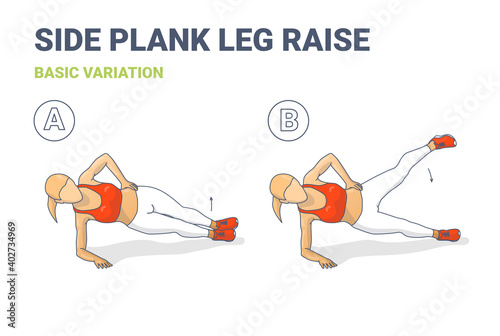 Side Plank Leg Raise Female Home Workout High Intensity Exercise Guide Colorful Concept