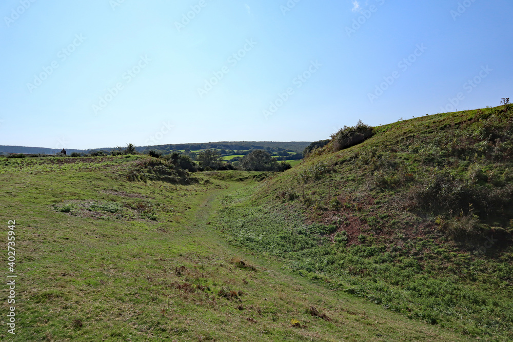 The 11th century Norman Motte and Bailey castle at Nether Stowey in Somerset. Looking northwards towards the Bristol Channel