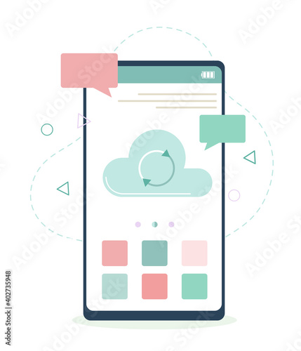 Cloud data storage through a mobile application. Vector illustration in flat style. Backup.