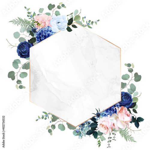 Royal blue, navy garden rose, blush pink hydrangea flowers, anemone, thistle, eucalyptus