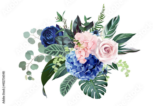 Royal blue, navy garden rose, blush pink hydrangea flowers, thistle