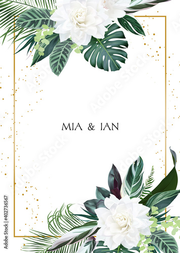 White gardenia, hibiscus, green monstera, palm tropical leaves template vertical card
