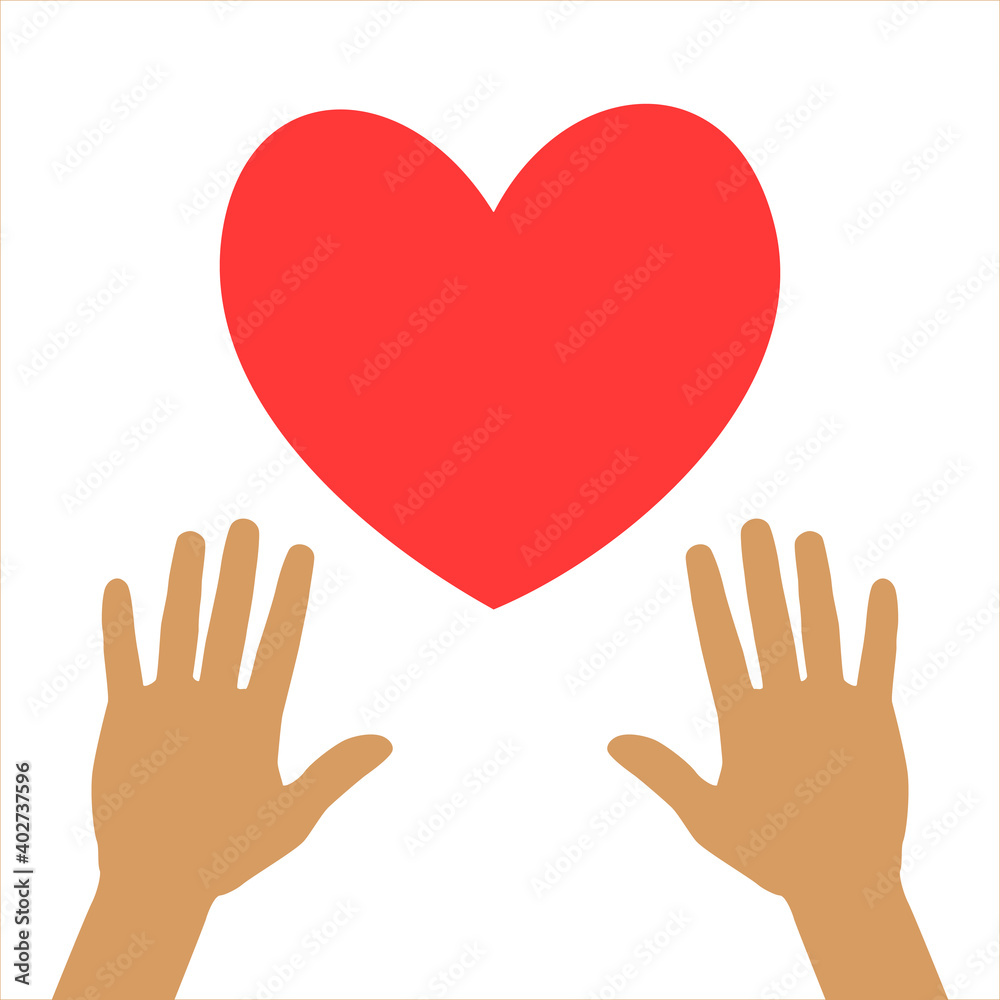 Hands reaching for the red heart. Flat illustration, metaphor of love and spring. Hands reaching for the red heart. Flat illustration, metaphor of love and spring.