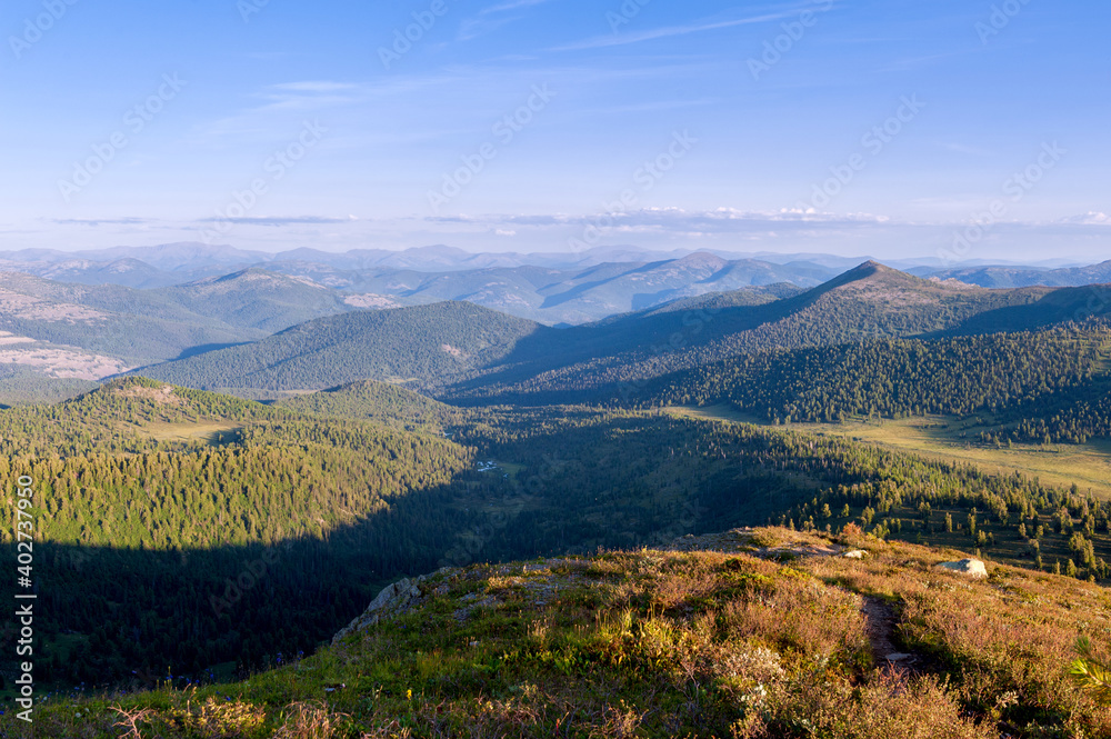 Obraz premium Taiga. Siberia. Mountains covered with forest against the background of the evening sky. Ergaki. Western Sayan.