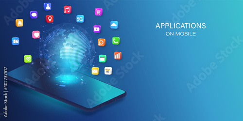 Application on Mobile, smartphone with application icons isolated on global network background as new technology and communication concept. vector illustration.