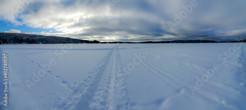 Winter landscape around a lake in Quebec, Canada, in December