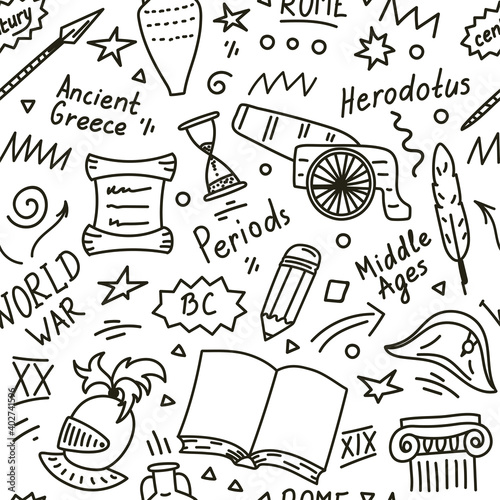 History seamless pattern. Hand drawn historical doodle.