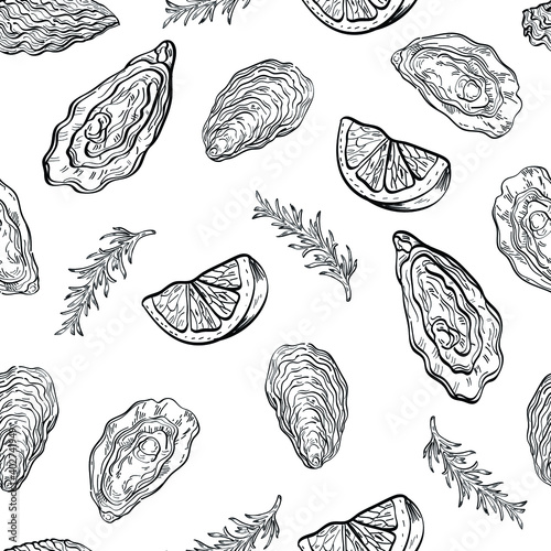 Oysters shells sketch line art food vector seamless pattern isolated on white background. Concept for wallpaper, menu, cards, print 