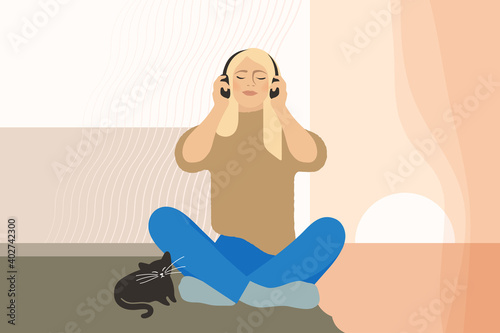 Young blonde woman sitting cross-legged, eyes closed, and listening to music with headphones. Flat vector illustration.