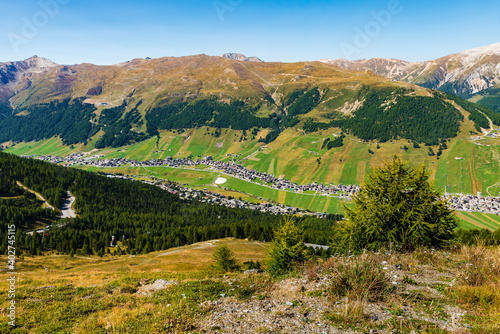 View from the bike park Mottolino to the town Livigno in Italy.