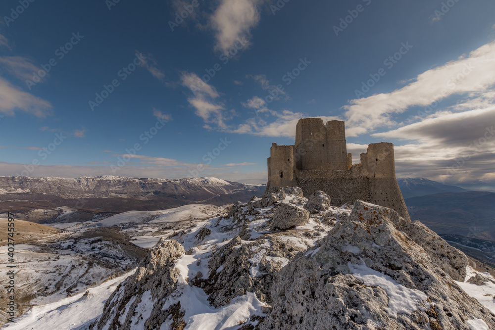Winter panoramic view with ancient castle
