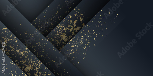 Background, black and gold halftone shine dots on geometric triangle pattern, vector. Golden confetti glitter on black gradient background, glittery polygon or 3d abstract card layout 