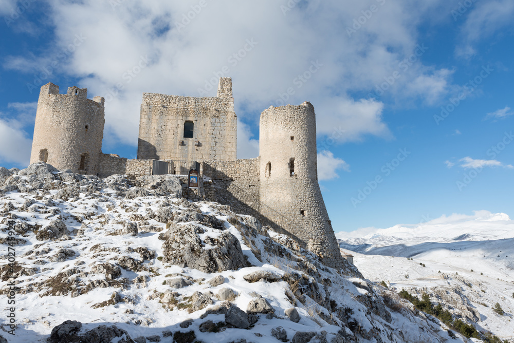 Ancient fortification in the snowy mountains of Abruzzo, Italy