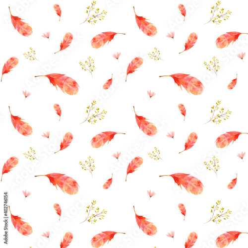 .Watercolor rapport Feathers flowers plants Cool floral designs for trendy fabrics, home decor, t-shirts, cards. Isolated on a white background.