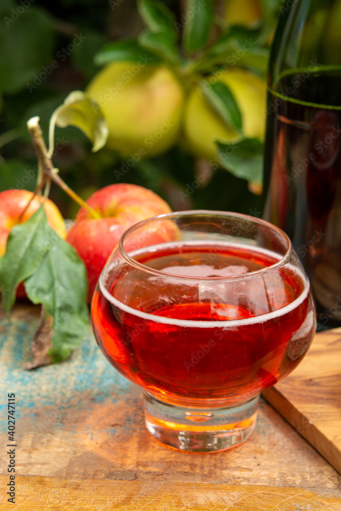 Glass of rose apple cider from Normandy, France and green apple tree with ripe red fruits on background Glass of rose apple cider from Normandy, France and green apple tree with ripe red fruits on background