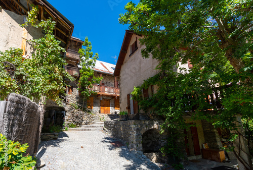 Small medieval village Venosc in French Alps  Ecrins mountain range  Isere  France