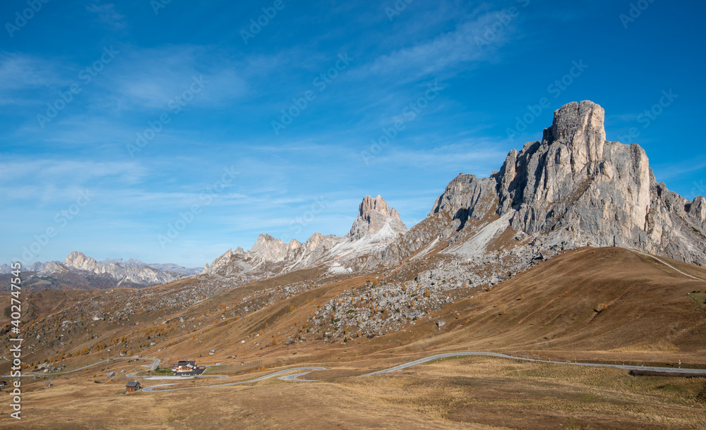 Mountain landscape dolomite Passo Di Giau in autumn Italy