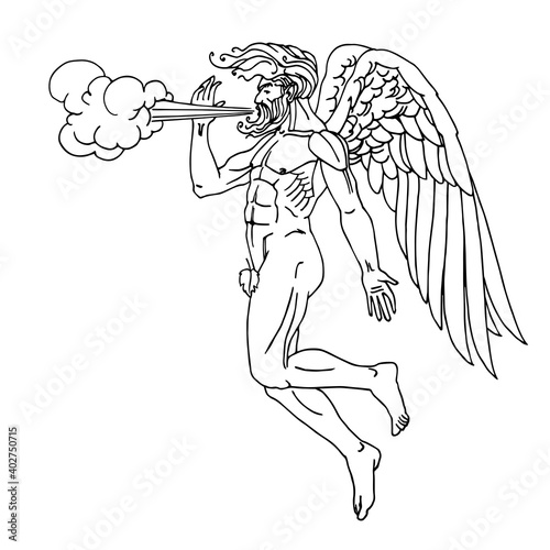 north wind, ancient Greek god Boreas flying on wings, mythological character, weather concept, vector illustration with black ink lines isolated on white background in cartoon and hand drawn style