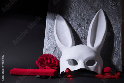 rabbit latex mask. Dark background. 