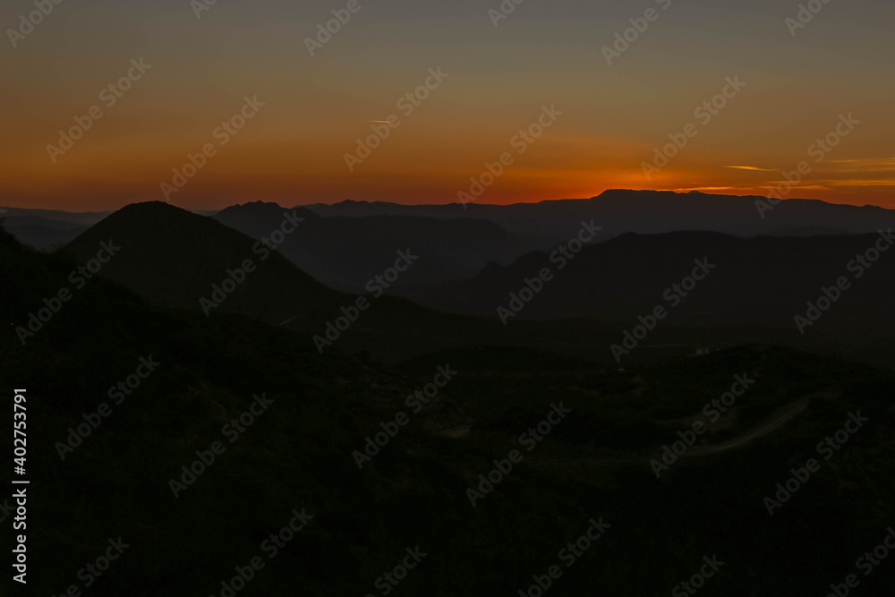 Aerial Shot from Mirador 4 Palos, Pinal de Amoles, Querétaro, México, view of mountains, sunset, red sunny