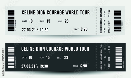 Vector two tickets on gray and black background. Realistic graphic tickets on the concert, play, party, event, festival.