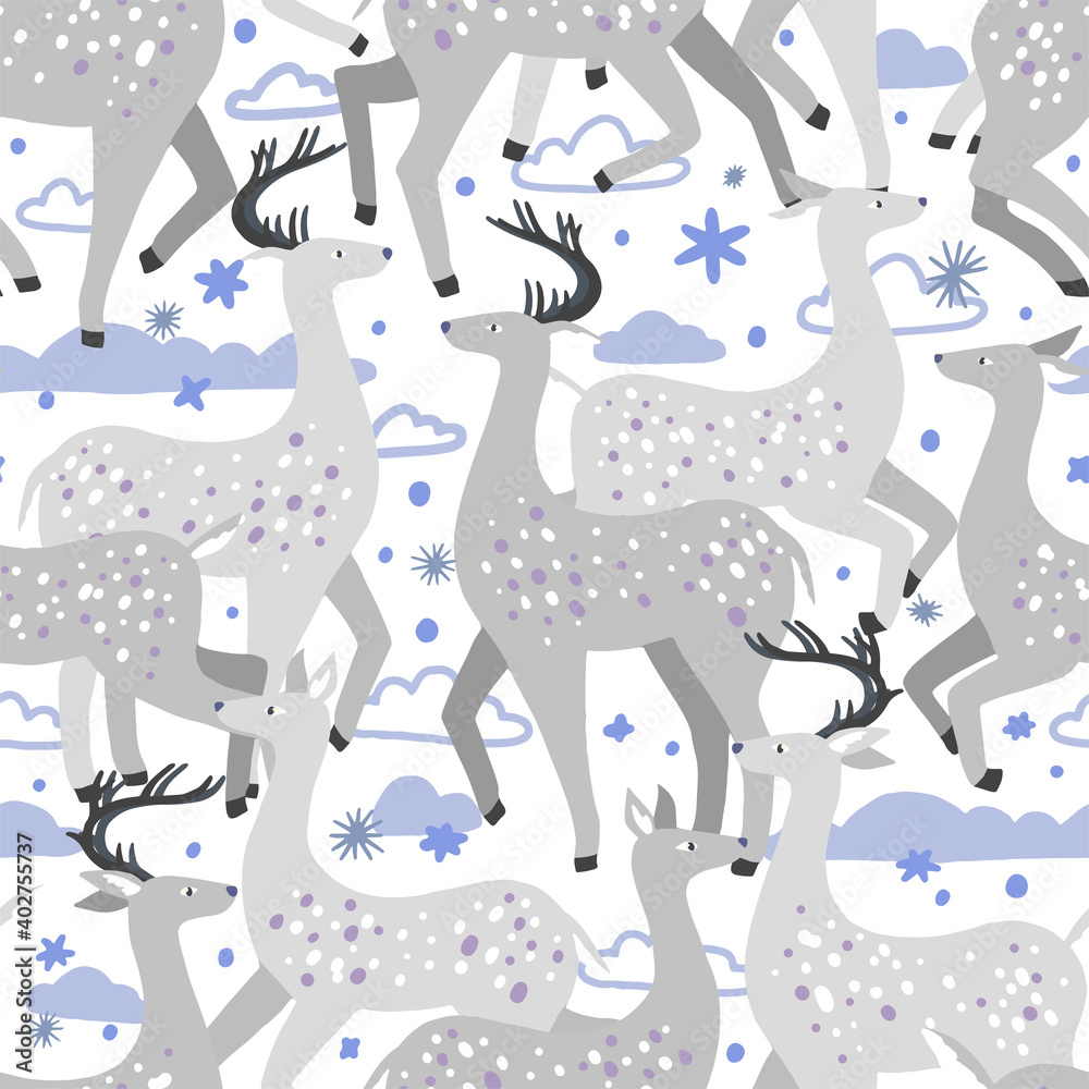 Cute dappled deer flat hand drawn vector seamless pattern. Colorful wallpaper in scandinavian style. Abstract winter animal background. Beautiful design for prints, wrap, textile, fabric, decor, card.
