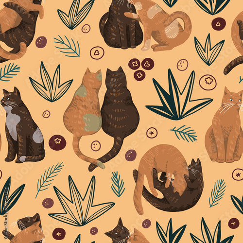 Cat couples in love flat hand drawn vector seamless pattern. Colorful wallpaper in cartoon style. Abstract romantic animal background. Design for print, valentines, wrap, textile, fabric, decor, card.