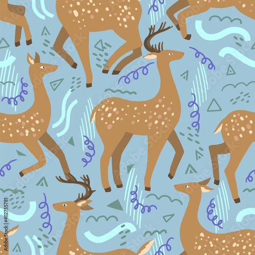 Cute dappled deer flat hand drawn vector seamless pattern. Colorful wallpaper in scandinavian style. Abstract forest animal background. Beautiful design for prints  wrap  textile  fabric  decor  card.